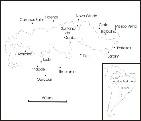 Fig. 1. Locality map showing the outline of the Chapada do Araripe in Brazil and the main population centres of the region.